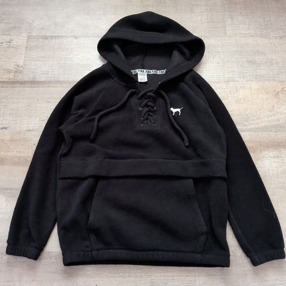 PINK Victoria Secret M Black Hooded Pullover Sweater Tie Front Vegas Size S